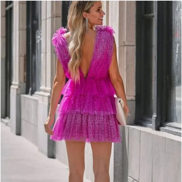 Vici exclusive: Glitter‎ Always Tulle Tiered Mini Dress - HOT PINK - Size Small - Picture 4 of 16